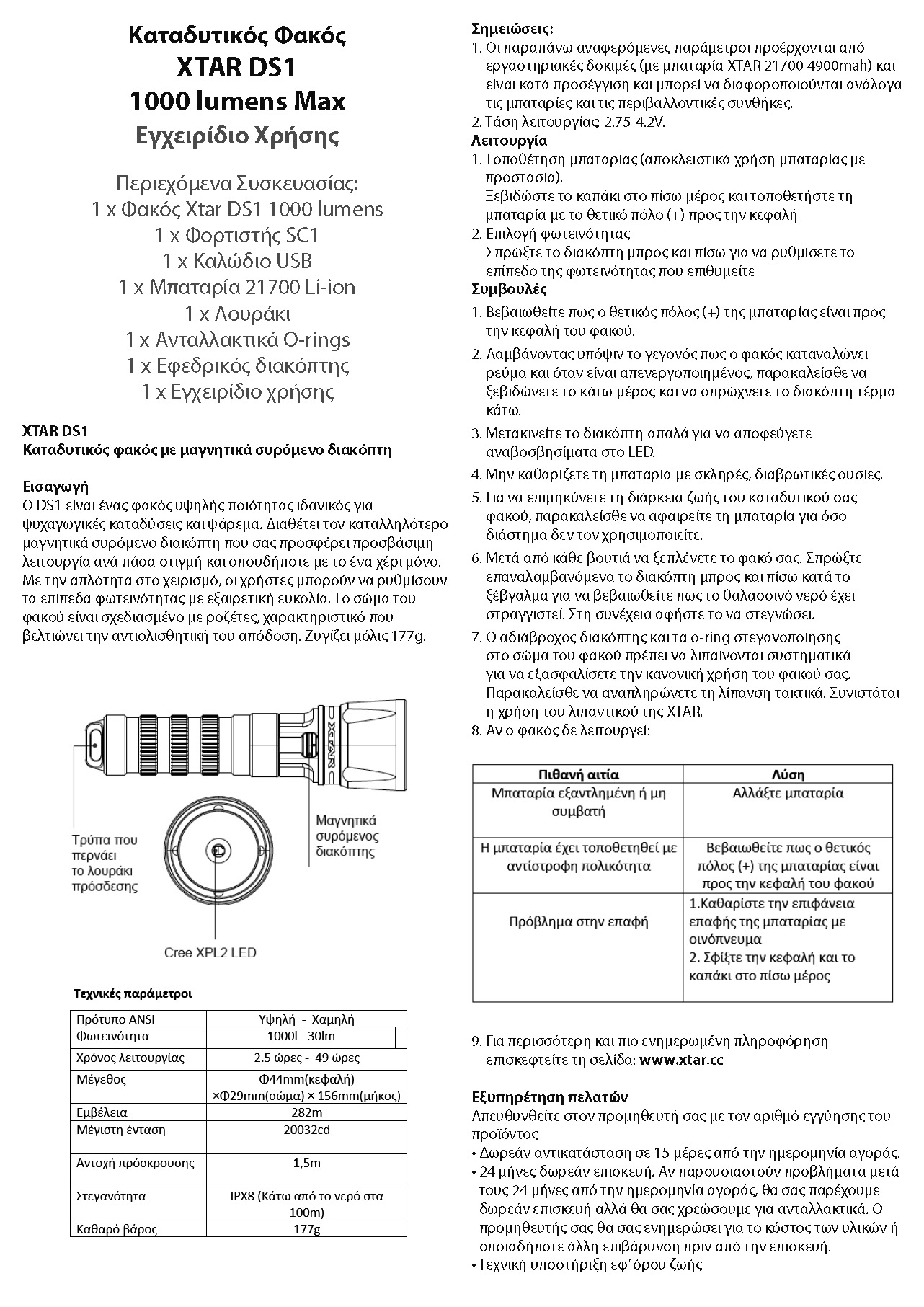 XTAR DS1 Diving Flashlight manual GR WEB Page 1